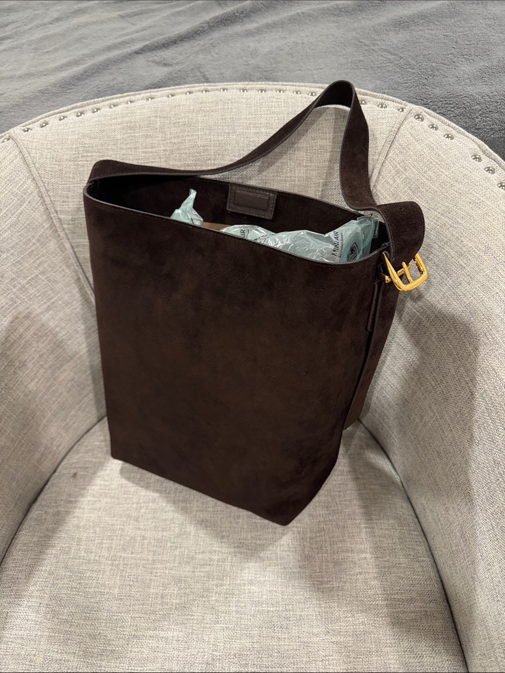 Madewell Dark Brown Suede Shoulder Bag with Gold Buckle